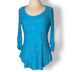 Snoskins Womens Top XS Stretch Textured Top Elbow 3/4 Sleeves Scoop Neck Blue
